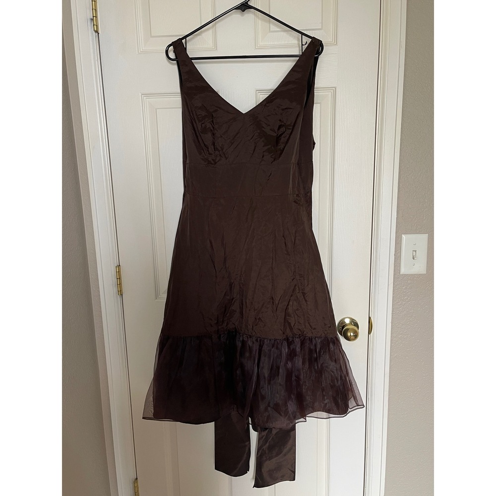 Ann Taylor Satin Cocktail Dress Womens Size 6 Brown V Neck Bow Back Formal Party - Picture 11 of 16